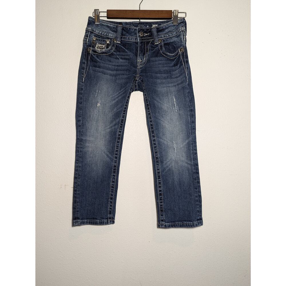 Women's Miss Me Embellished Button Flap Pocket Rhinestone Yoke Capri 25 Jeans
